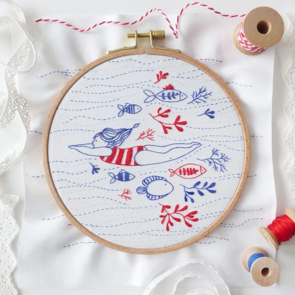 Little Swimmer - Embroidery Art Kit, Creative Diy, Swimming Embroidery Kit, Sea embroidery, Red & Blue, Summer Decor, Underwater Embroidery