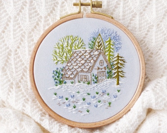 Snowy Cabin - Embroidery Kit, Winter Christmas Embroidery, Christmas Diy Kit, Diy Gift, Christmas Hoop Art, Christmas Decor Embroidery