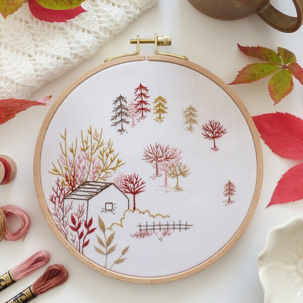 Cabane en forêt - Kit de broderie, art de l'amour, broderie d'amour, broderie de la forêt, cadeau de broderie de Noël, art du cerf, broderie de cerf