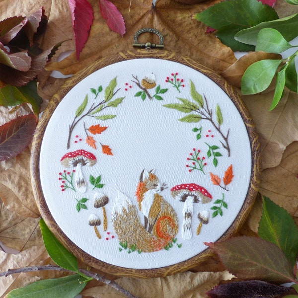 Herbst Fuchs - DIY-Set, Stickpackung, Herbst Stickerei, Botanische Stickerei, Botanische Kunst, Nadelarbeit