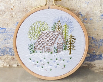 Snowy Cabin - Embroidery Kit, Winter Christmas Embroidery, Christmas Diy Kit, Diy Gift, Christmas Hoop Art, Christmas Decor Embroidery