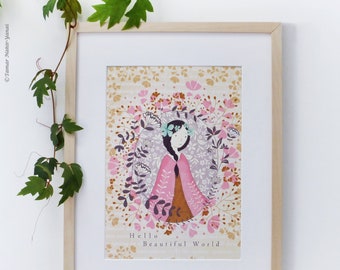 Hello Beautiful World - Home Decor, Wall décor,  Winter print, Living room wall art, Illustration