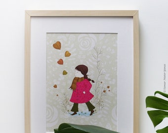 Girl in a Pink Coat - Framed print, Wall art, Illustration art, Romance, LOVE