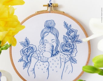 Blue Floral Lady - Blue wall art, Hand embroidery, Blue white, Embroidery kit, Embroidery hoop art, Embroidery craft