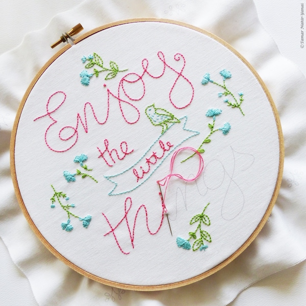 Enjoy The Little Things - Mothers day gift, Embroidery Kit, Inspirational quote wall art, Expression, Homemade craft, Modern embroidery