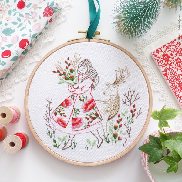 Festive Lady and Deer - Embroidery Art Kit, Creative Diy, Craft Kit, Christmas Embroidery Gift,  Deer Embroidery, Winter Decor Diy