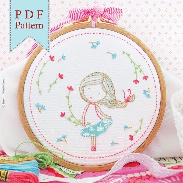 Spring Girl - Digital design, Embroidery pattern, Printable art nursery, Hand embroidery pattern, Quilt pattern, Embroidery applique