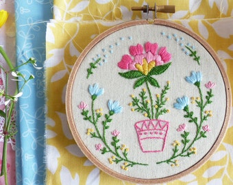 Flowerpot - Hand Embroidery Kit, Embroidery Hoop Art, Wall Art, Diy Kit, Broderie, Hoop Art, Tamar Nahir, Modern Hand Embroidery