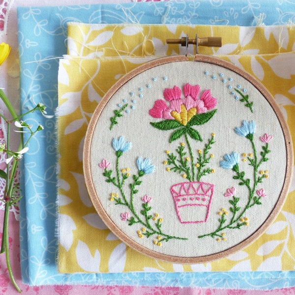 Pot de fleurs - kit de broderie à la main, cerceau de broderie d'art, art mural, kit de bricolage, broderie, cerceau d'art, Tamar Nahir, broderie à la main moderne