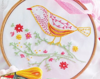 Yellow Bird - Embroidery kit beginner, Bird on branch, Hand embroidery kit, Diy kit, Modern embroidery kit, Craft kit, Gift diy