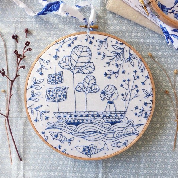 Blue Ocean Embroidery kit - DIY kit, Blue wall art, Sea blue, Hand embroidery, Christmas gift, Blue white, Sea nursery, Embroidery hoop art