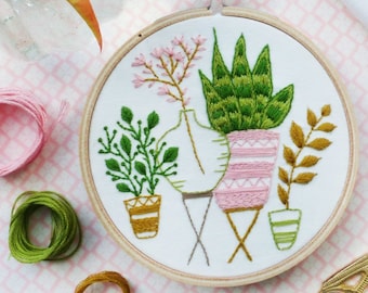 Pink & Green Houseplants - DIY Kit, Hand Embroidery, Embroidery Kit, Modern Embroidery, Hoop Art, Plants Wall Art, Plants craft, Broderie