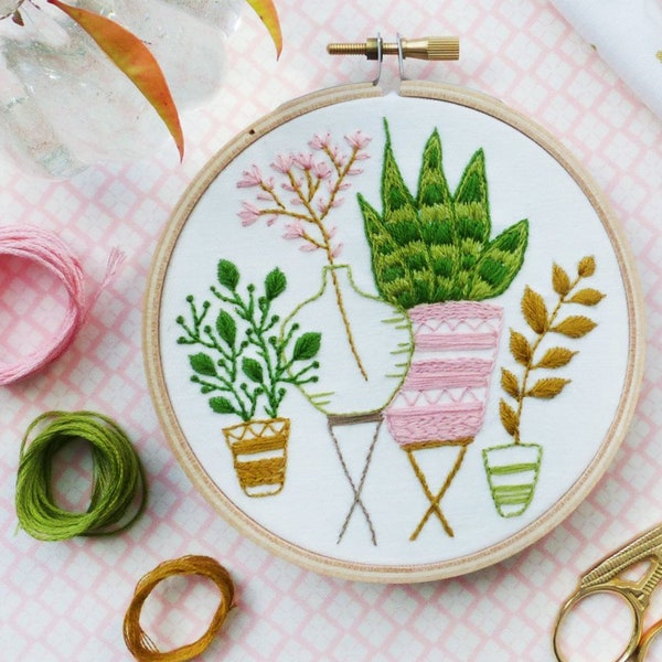 Pink & Green Houseplants - DIY Kit, Hand Embroidery, Embroidery Kit, Modern Embroidery, Hoop Art, Plants Wall Art, Plants craft, Broderie
