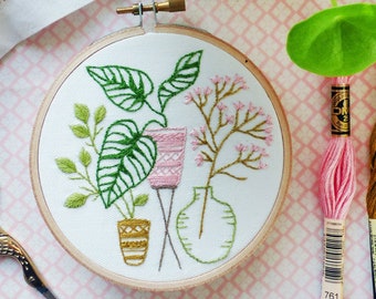 Pink & Green Leaves Embroidery Kit - Needlework Kit, DIY Embroidery, DIY wall art, Craft ideas, Diy kit, Leaves embroidery, Pink flowers