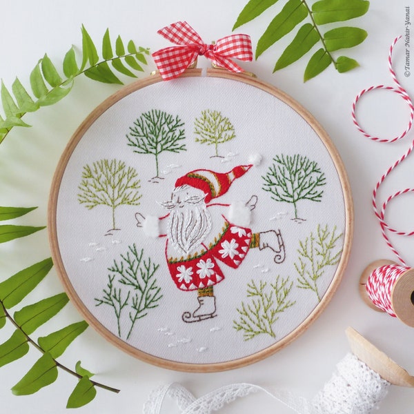 Père Noël patineur - Kit de broderie, bricolage créatif, kit de créations manuelles, cadeau broderie de Noël, broderie d'art mural, décoration d'hiver à faire soi-même