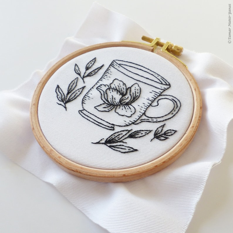 Floral Tea Cup Embroidery Kit, Black Embroidery, Winter Diy Kit, Diy Gift, Cup Embroidery, Tea Embroidery image 2
