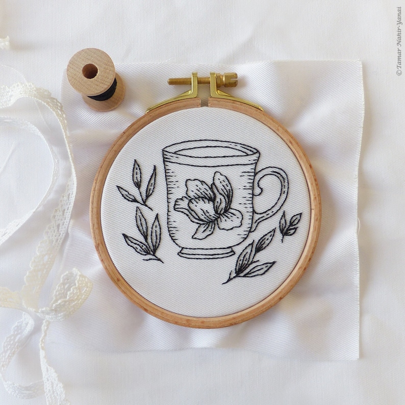 Floral Tea Cup Embroidery Kit, Black Embroidery, Winter Diy Kit, Diy Gift, Cup Embroidery, Tea Embroidery image 1