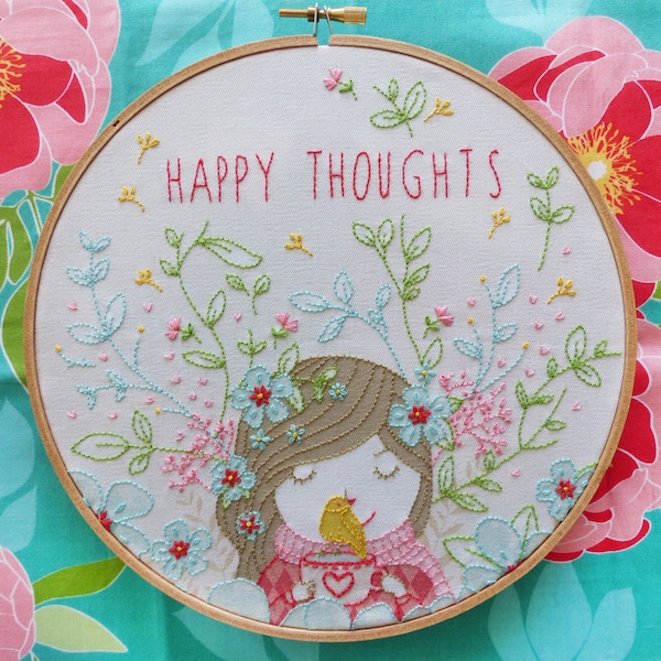 Happy Thoughts - Cadeaux de Noël pour elle, oeuvre d'art inspirante, kit de broderie, broderie à la main moderne, kit de création artistique, cerceau de broderie d'art