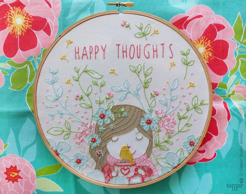 Happy Thoughts Christmas gifts for her, Inspirational artwork, Embroidery Kit, Modern hand embroidery, Craft kit, Embroidery hoop art image 1