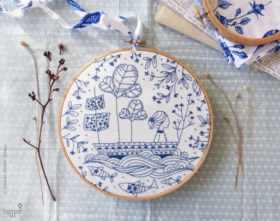 Blue Ocean Embroidery kit - DIY kit, Blue wall art, Sea blue, Hand embroidery, Christmas gift, Blue white, Sea nursery, Embroidery hoop art