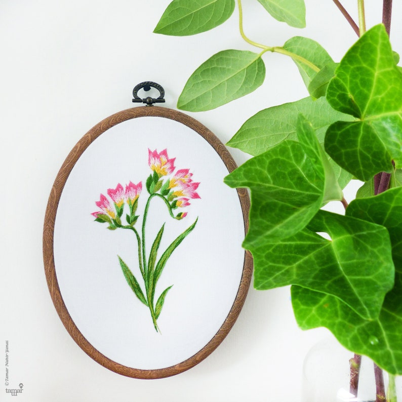 Pink Freesia Embroidery kit, Leaves embroidery, Botanical embroidery, Botanical Art, Green flowers, Needlecraft kit image 1