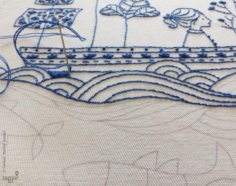 May include: Close-up of a blue embroidery design on white fabric. The design features a boat with a sail, waves, and a person standing on the boat. The embroidery is done in a simple, minimalist style.