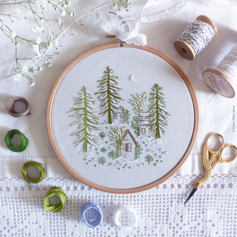 Snowy Night - Embroidery Art Kit, Art Gift Diy, Creative Diy, Craft Kit, Christmas Embroidery Gift, Wall Art Embroidery, Winter Decor Diy 