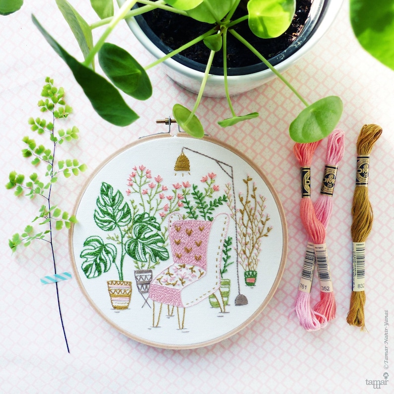 Urban Jungle Embroidery Kit Diy kit, Plants Wall Art, Plants Embroidery Hoop, Tamar Nahir,Hand Embroidery,Leaves Embroidery,Botanical Art image 1