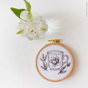 Floral Tea Cup Embroidery Kit, Black Embroidery, Winter Diy Kit, Diy Gift, Cup Embroidery, Tea Embroidery image 6