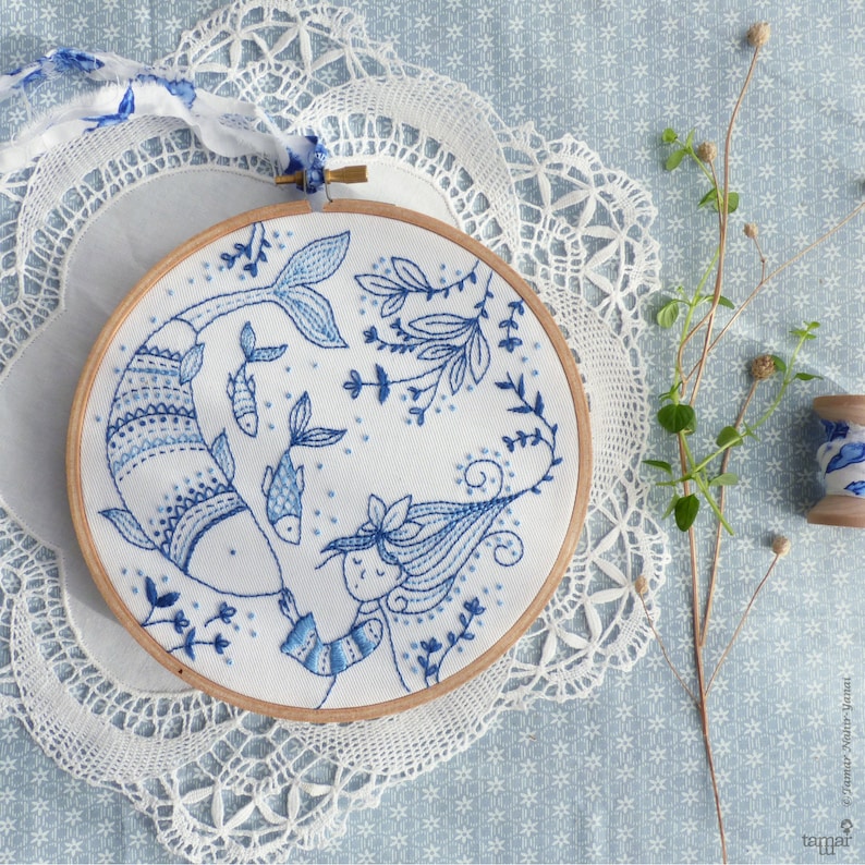 Blue wall art Sea blue Hand embroidery Ocean Princess Etsy