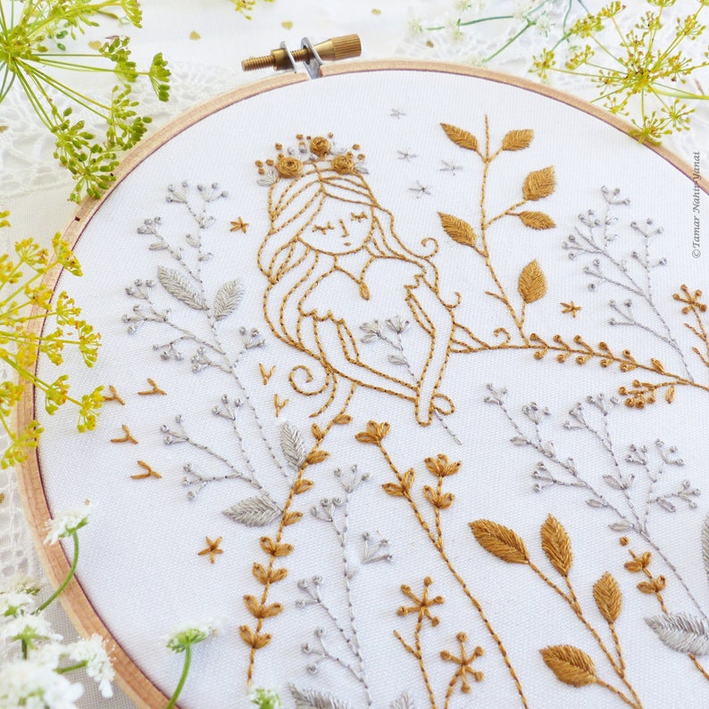 Gold & Gray Princess Modern hand embroidery, Embroidery kit, Wall Decor, Hand embroidery, Diy kit image 2