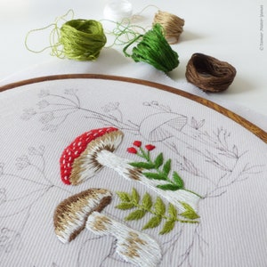 May include: Embroidered hoop art featuring two mushrooms with red and white caps, green leaves, and red berries on a white fabric background.