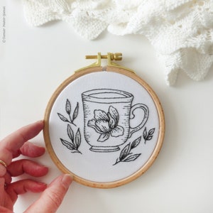 Floral Tea Cup Embroidery Kit, Black Embroidery, Winter Diy Kit, Diy Gift, Cup Embroidery, Tea Embroidery image 4