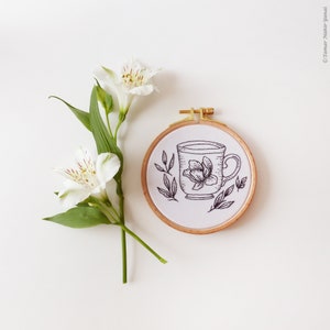 Floral Tea Cup Embroidery Kit, Black Embroidery, Winter Diy Kit, Diy Gift, Cup Embroidery, Tea Embroidery image 7