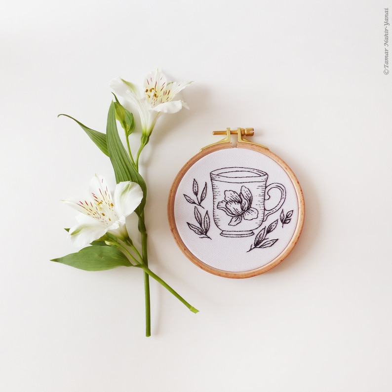 Floral Tea Cup Embroidery Kit, Black Embroidery, Winter Diy Kit, Diy Gift, Cup Embroidery, Tea Embroidery image 7