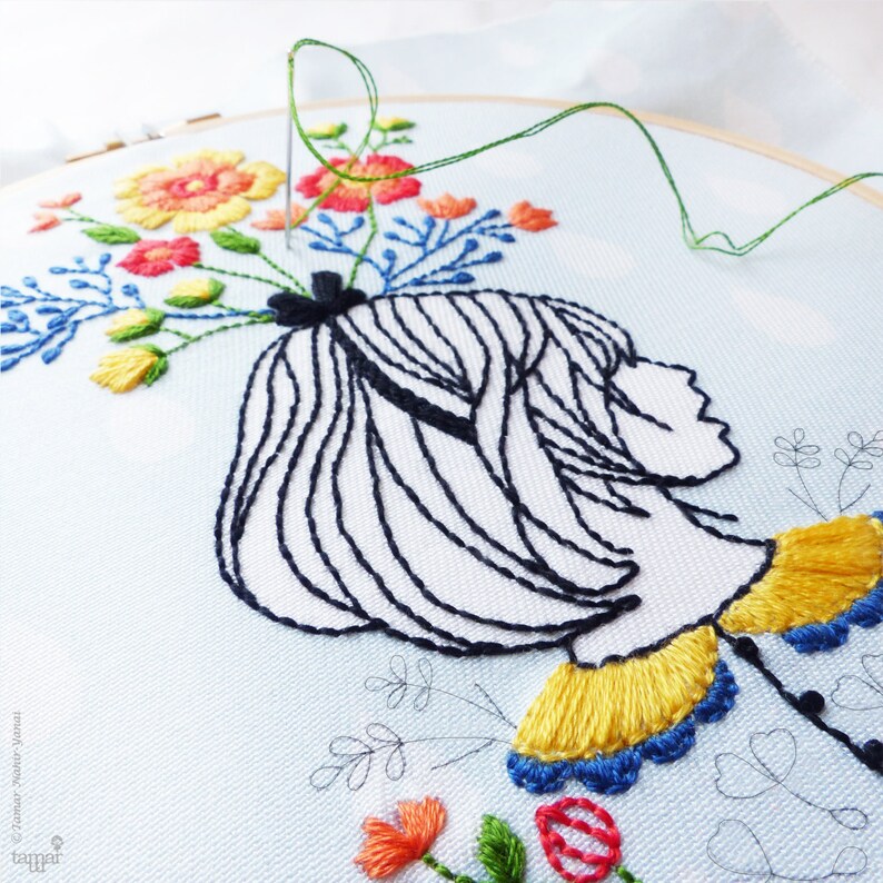 Op de afbeelding: Borduurwerk in een borduurring met een vrouw met bloemen in haar haar. De vrouw is omlijnd met zwarte draad en heeft een geborduurde kraag in geel en blauw. De bloemen zijn geborduurd in verschillende kleuren, waaronder rood, geel, blauw en groen.