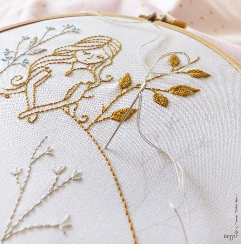 Gold & Gray Princess Modern hand embroidery, Embroidery kit, Wall Decor, Hand embroidery, Diy kit image 3