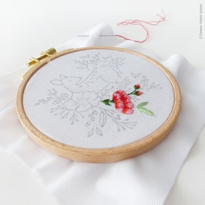 May include: A close-up of a white embroidery hoop with a floral design. The design includes a pink flower with green leaves and a few smaller pink flowers. The hoop is on a white fabric background.