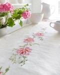 Table Runner - Cross Stitch Roses, Embroidery Runner, Handmade Table Decor, Vintage rose cross stitch kit, Rose cross stitch table runner product logo