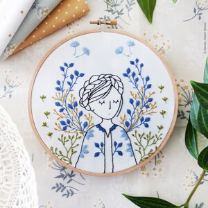 May include: Embroidered hoop art featuring a woman with closed eyes surrounded by blue and green floral designs.