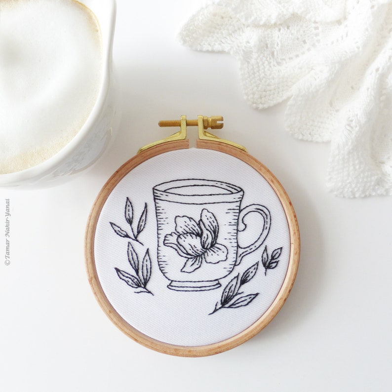 Floral Tea Cup Embroidery Kit, Black Embroidery, Winter Diy Kit, Diy Gift, Cup Embroidery, Tea Embroidery image 5