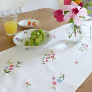 May include: A white table runner featuring delicate, multi-colored floral embroidery in shades of pink, blue, and green. The runner is placed on a wooden table alongside a glass of orange juice, a small bowl of cherries, and a glass vase with flowers.
