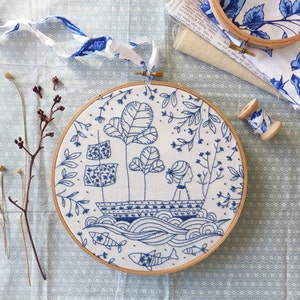 May include: Blue and white embroidery hoop featuring a design of a girl in a boat surrounded by flowers and fish. The hoop is on a blue and white patterned fabric.