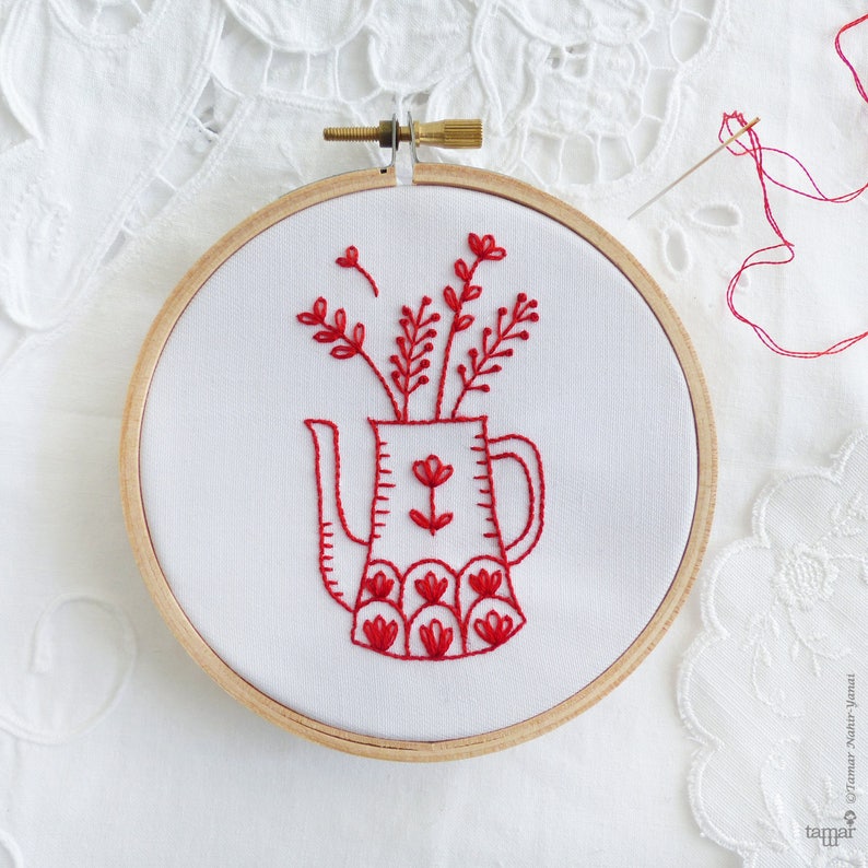 Red Vase Redwork embroidery, Embroidery kit beginner, Christmas embroidery, Embroidery hoop art, Christmas gift for her, Redwork patterns image 1