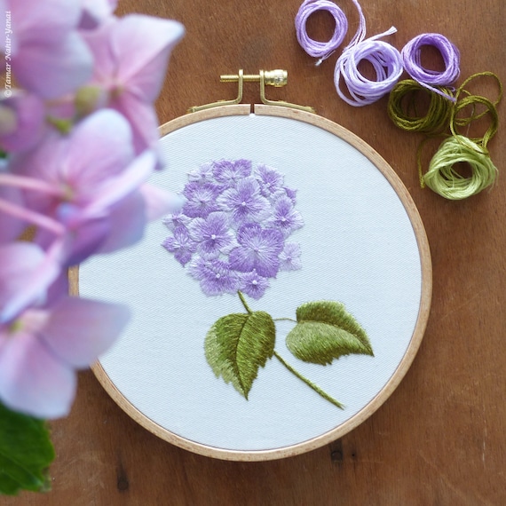 パープルオルテンシア - アジサイ刺繍、春の刺繍、花の刺繍