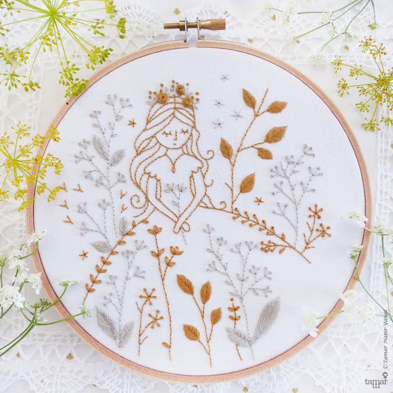 Gold & Gray Princess Modern hand embroidery, Embroidery kit, Wall Decor, Hand embroidery, Diy kit image 1
