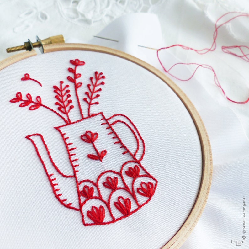 Red Vase Redwork embroidery, Embroidery kit beginner, Christmas embroidery, Embroidery hoop art, Christmas gift for her, Redwork patterns image 2