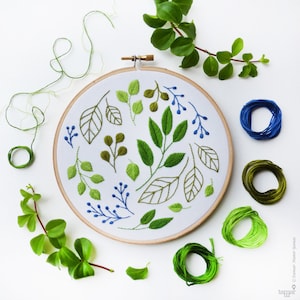 May include: A white embroidery hoop with a green and blue floral design. The hoop is surrounded by green and blue embroidery floss.