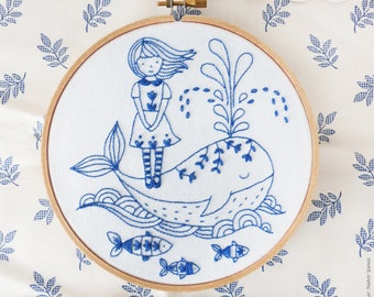 Girl and a Whale - Blue wall art, Sea blue, Hand embroidery, Blue white, Embroidery kit, Embroidery hoop art, Christmas craft