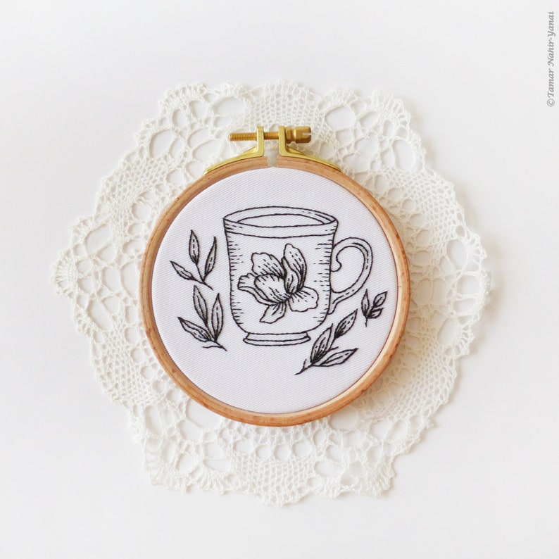 Floral Tea Cup Embroidery Kit, Black Embroidery, Winter Diy Kit, Diy Gift, Cup Embroidery, Tea Embroidery image 3
